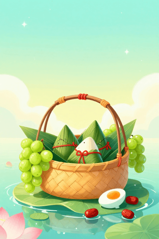 插画艺术素材：端午清新粽艺插画：梦幻青绿竹篮盛满粽香与果韵