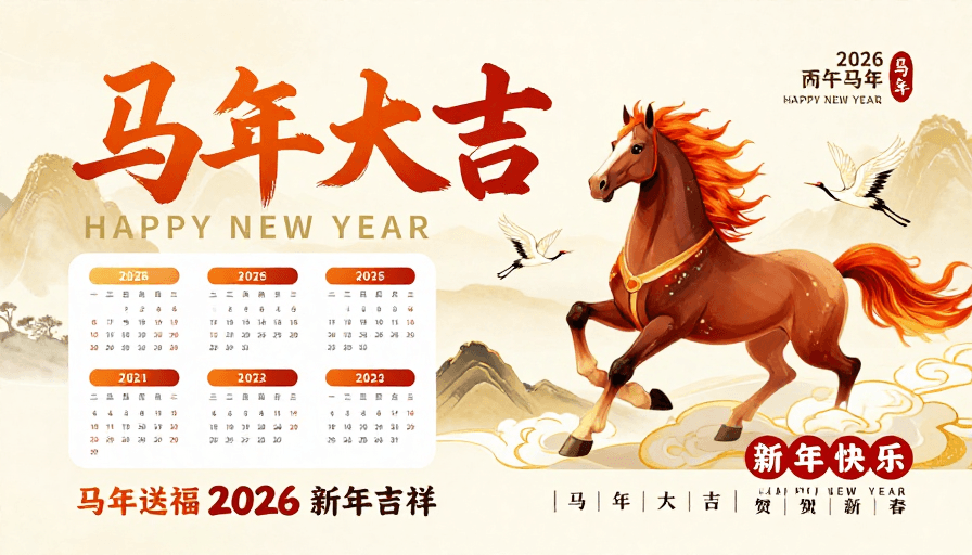 国潮插画素材：国潮风马年贺岁海报：暖金水墨与骏马奔腾