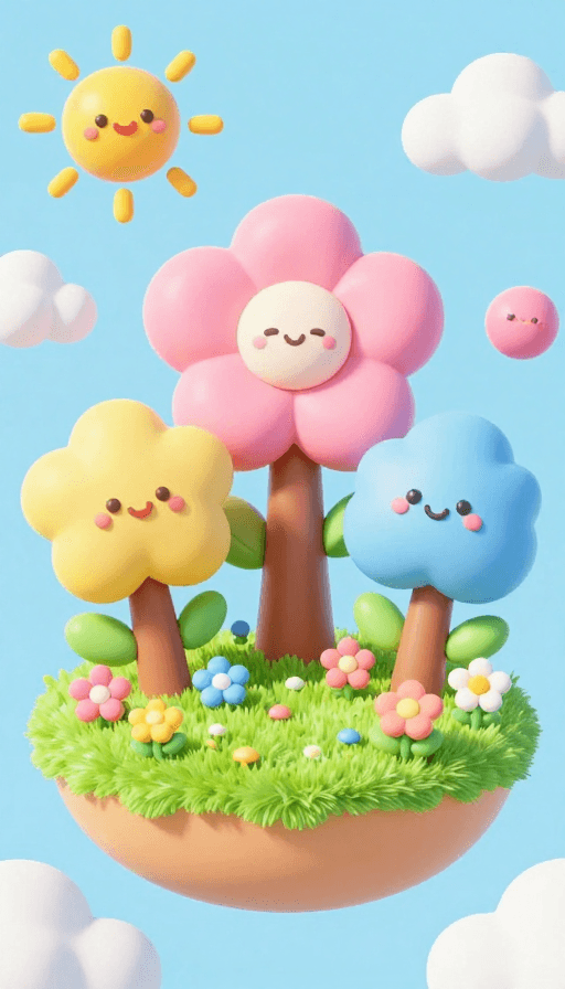 卡通风格素材：梦幻彩色岛屿花园卡通插画