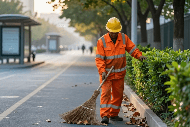 公益宣传素材：晨曦中的环卫守护：温暖光影下的城市整洁