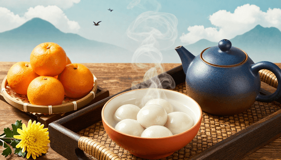 节日美食素材：中秋团圆：蓝釉陶壶暖光下的中式茶点盛宴