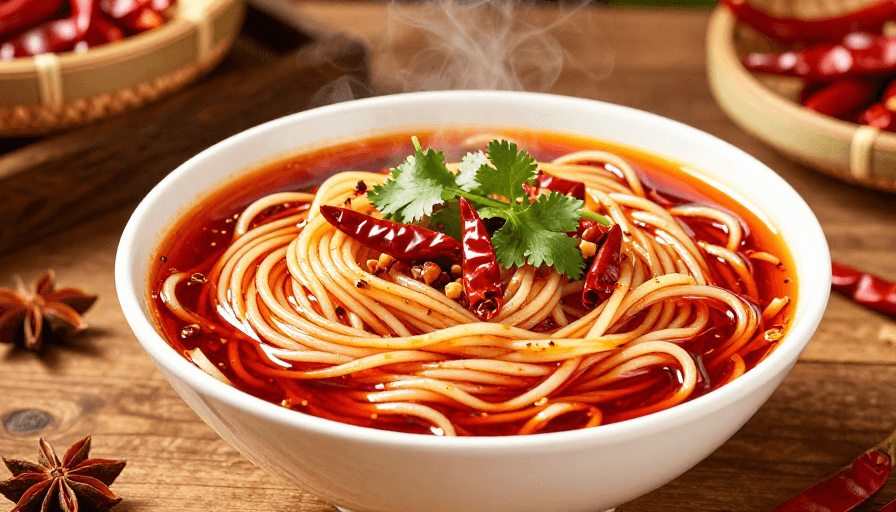 麻辣美食素材：诱人红油麻辣面条特写，暖光摄影展现浓郁风味