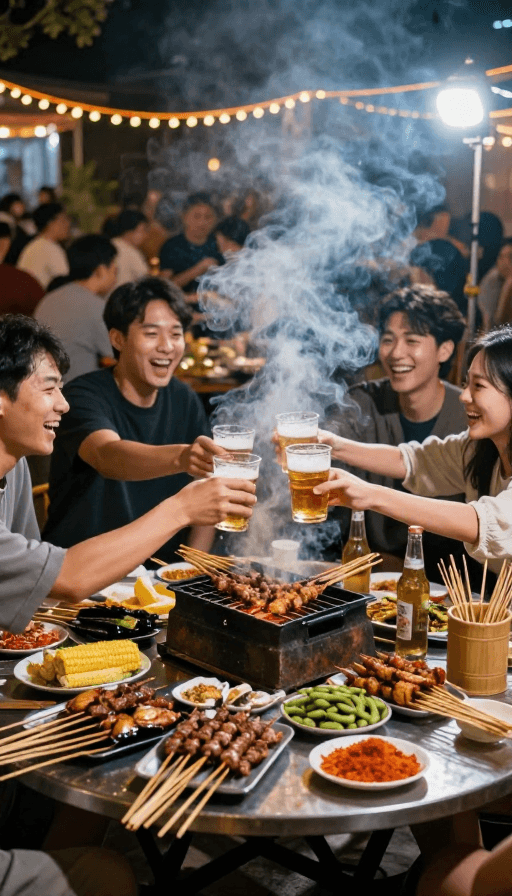 夏夜大排档素材：夏夜大排档热闹烧烤聚会