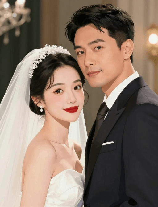 情侣肖像素材：优雅婚礼漫画：浪漫拥抱与幸福时刻