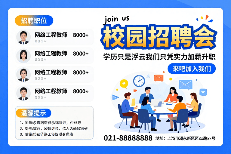 校园招聘会素材：蓝橙撞色校园招聘会海报：网络工程教师高薪诚聘