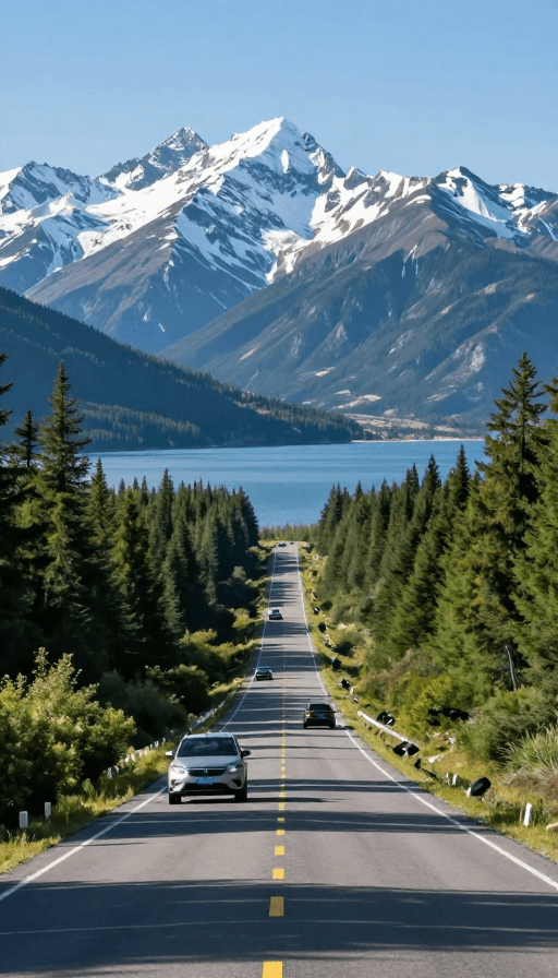 公路风景素材：壮丽雪山湖景公路摄影