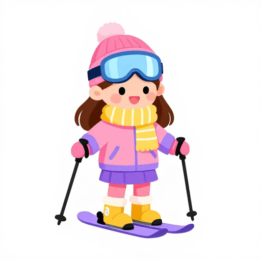 Q版卡通素材：Q版滑雪少女插画：甜美冬日运动主题