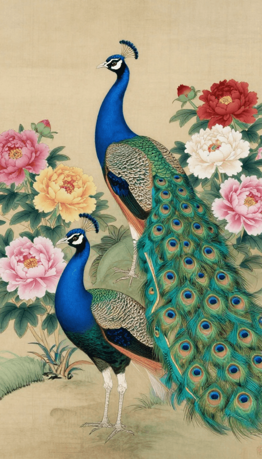 中国传统绘画素材：宋韵工笔：蓝孔雀栖于彩牡丹