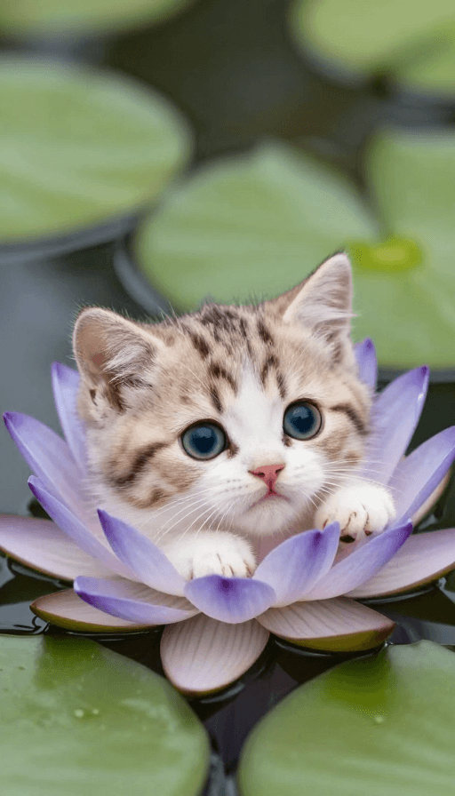 社交媒体头像素材：萌趣Q版小奶猫卧睡莲间，好奇双眼惹人爱
