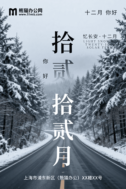 冷色调设计素材：拾贰月：雪林公路静谧海报