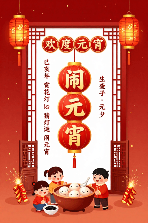 传统节日素材：喜庆热闹元宵节海报设计，传统红金配色童趣插画