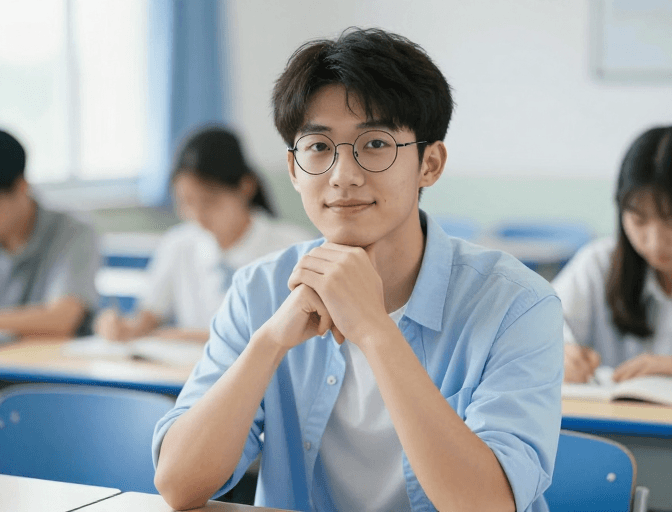 沉思姿态素材：专注思考的亚洲学生：清新校园人像摄影
