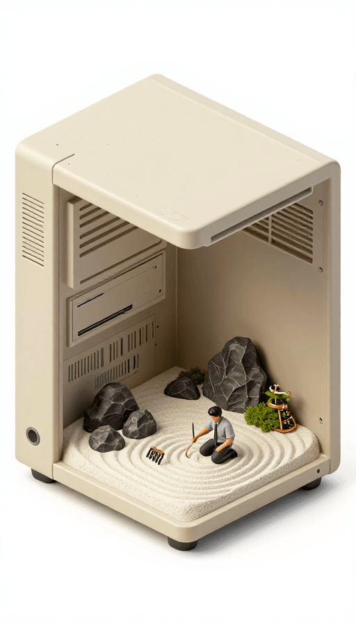 3D插画素材：旧电脑主机内的枯山水禅意绿洲