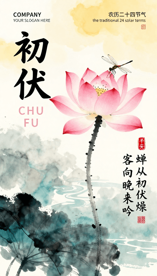 水墨插画素材：初伏天青水墨静谧海报