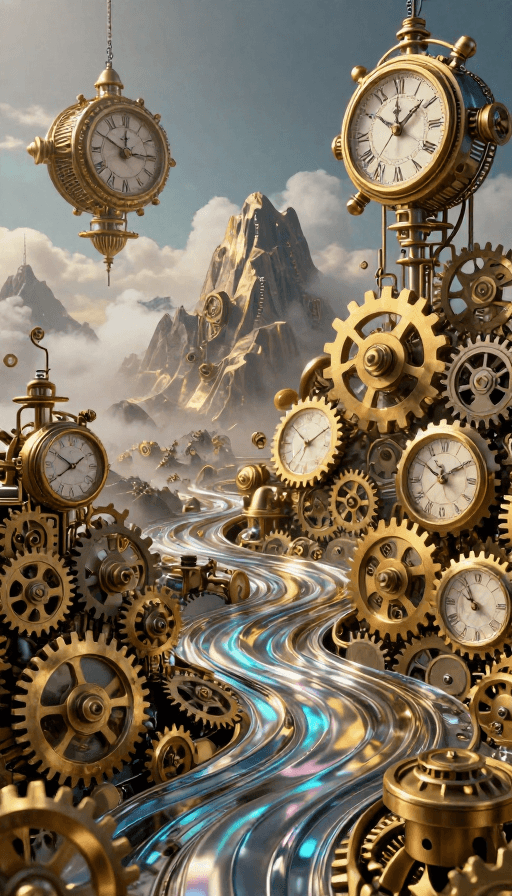 动态光影素材：蒸汽朋克超现实钟表世界：机械山脉与液态金属的奇幻交织