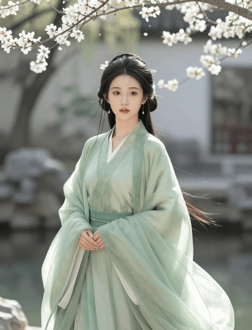绝美容颜素材：春景花海中绝美的古代绿纱女子