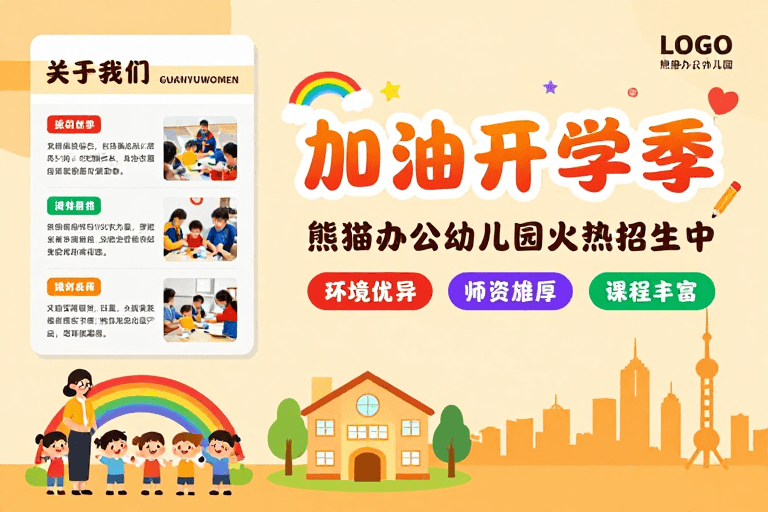 卡通儿童素材：熊猫办公幼儿园温馨招生海报