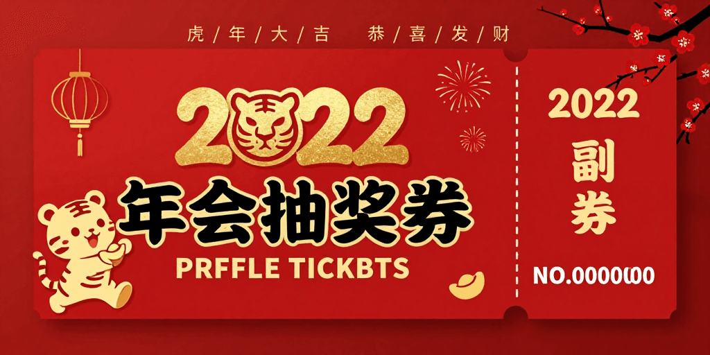 中国红素材：2022年会抽奖券：红金喜庆虎头大吉