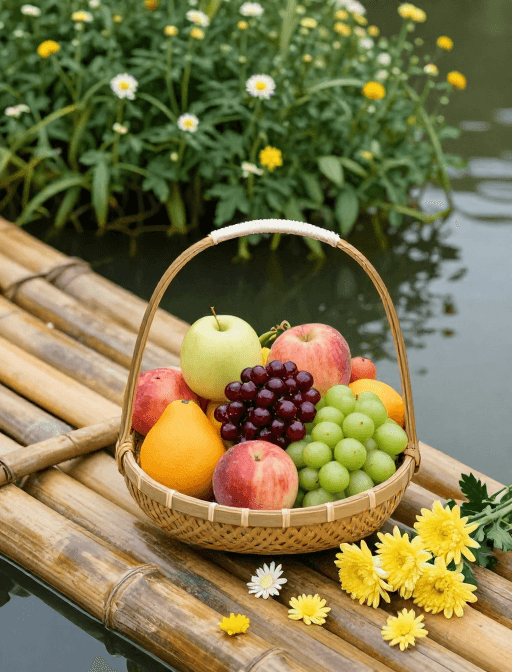 菊花装饰素材：夏日竹篮盛鲜果，菊香伴绿水
