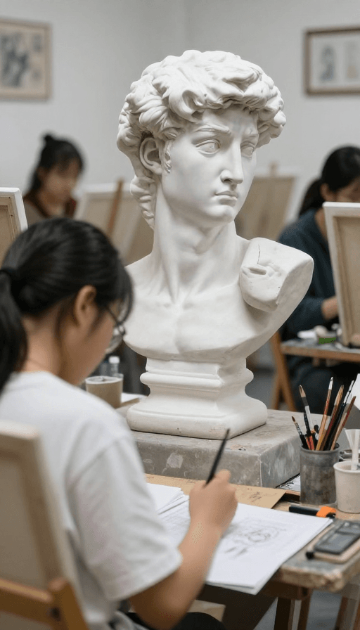 素描素材：学生绘画中：写生素描大卫石膏像的艺术课堂