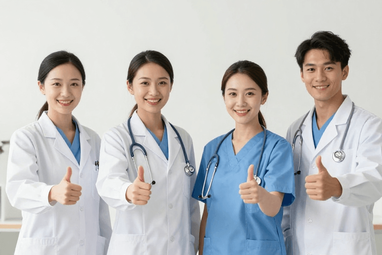 自然柔光照明素材：四位医护微笑竖指彰显专业形象