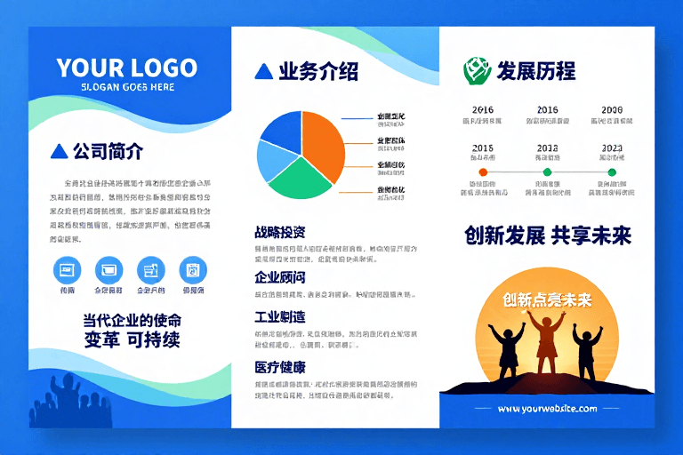 蓝色渐变背景素材：现代简约企业三折页设计展示