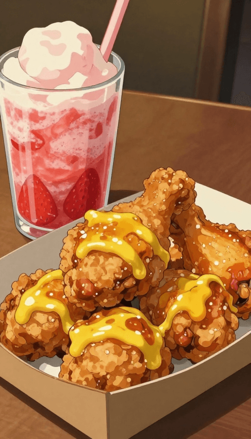宫崎骏风格素材：宫崎骏风炸鸡特写：酥脆鸡腿配蜂蜜芥末与草莓沙冰