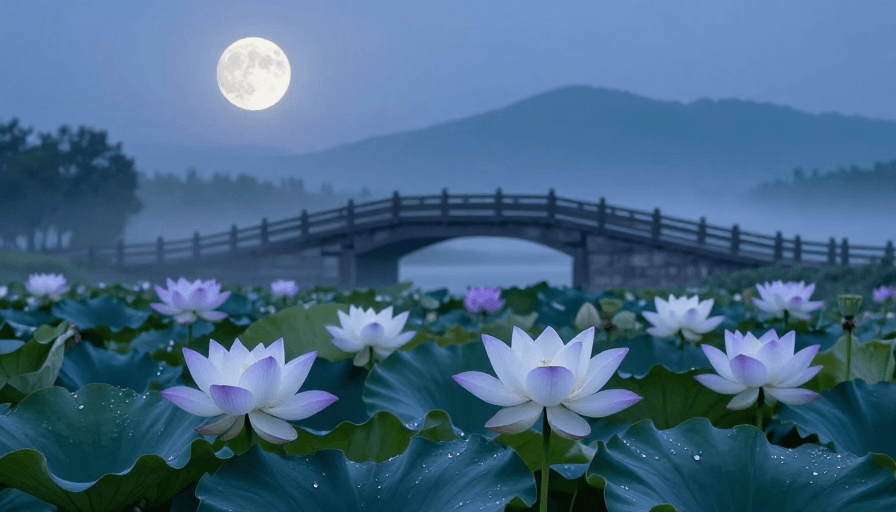 莲花盛开素材：月夜荷塘映清辉：中式古韵与自然光影的静谧美学