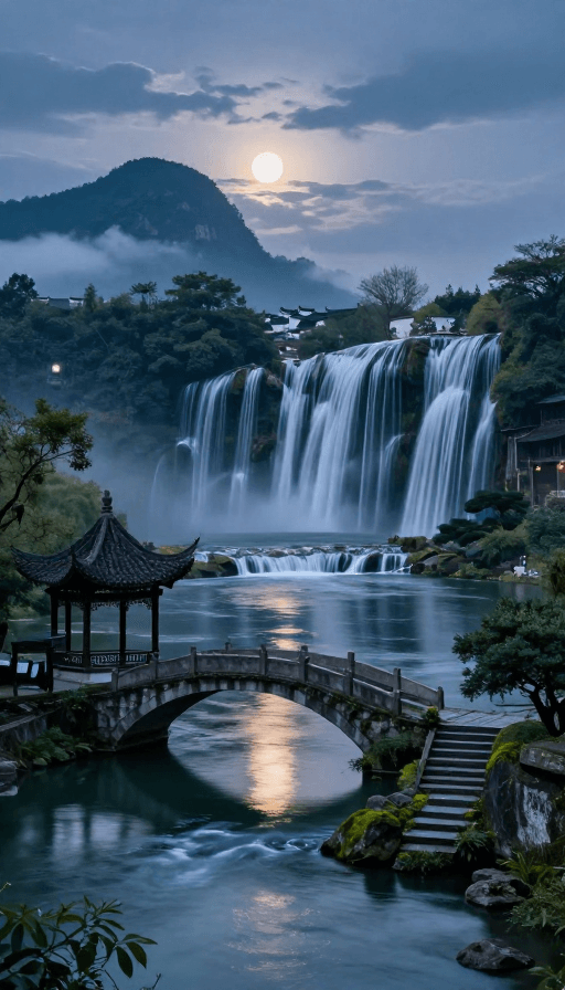 黄昏摄影素材：暮色徽派水乡：拱桥流水间的诗意光影