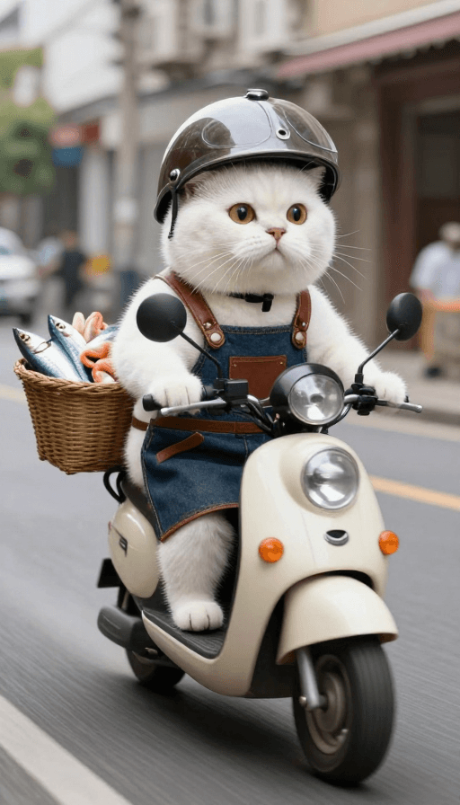 拟人化猫咪素材：拟人喵骑摩托载海鲜，街头极速之旅