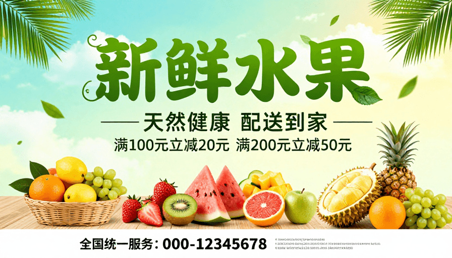 热带元素素材：清新夏促：天然健康水果热卖海报