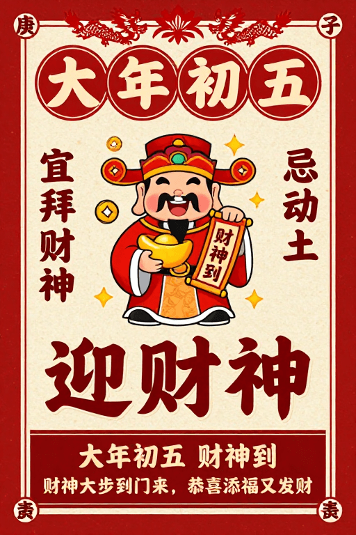 春节素材：复古中国风春节迎财神海报