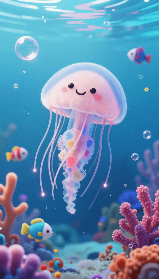 水下世界素材：梦幻海底：治愈毛绒水母的宁静漫游