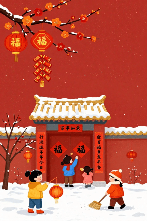 新年喜庆中国风插画：红梅灯笼迎福到