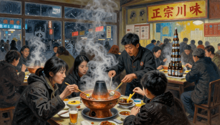 火锅餐厅素材：都市草原交融：火锅夜聚温馨画境