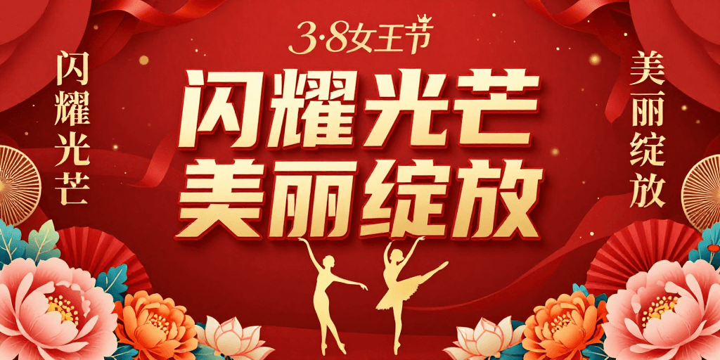 红色喜庆女王节海报，闪耀光芒与美丽绽放