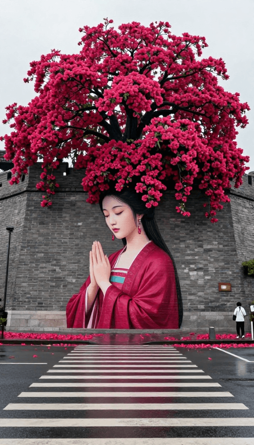 汉服文化素材：玫红汉韵墙绘花雨：雨后街景汉服美人在花海