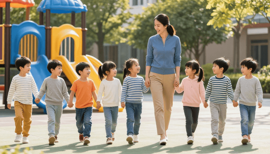 温馨氛围素材：温馨校园时光：亚洲女教师引领幼儿漫步操场