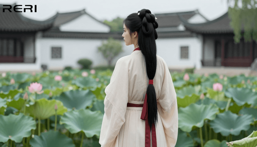 文化宣传素材：米白汉服女子荷塘背影：阴天古典韵味