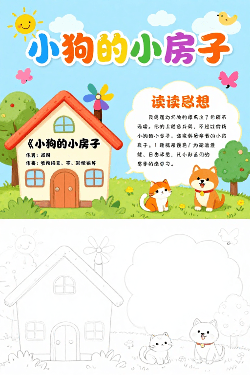 涂色练习素材：阳光童趣：《小狗的小房子》儿童插画海报