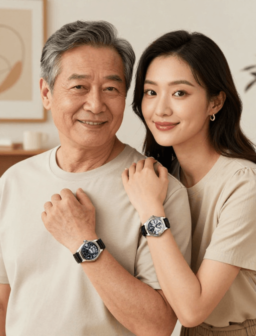 时尚广告素材：夏日温情时光：中老年夫妇与时尚手表的温馨合照