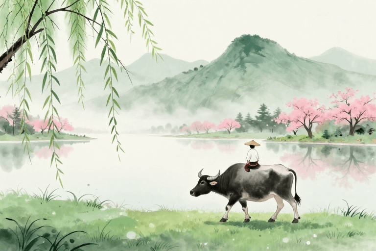 意境营造素材：水墨青绿牧归图：传统山水意境与田园诗意