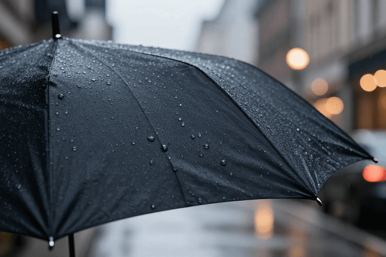 柔焦背景素材：黑伞映水珠，暖灯照街角——雨中都市静美特写
