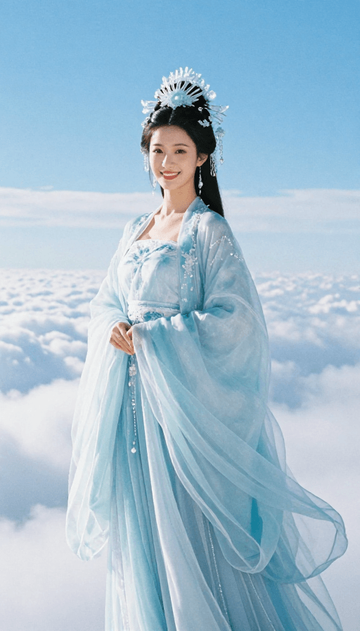 超写实摄影素材：冰蓝仙影：云端上的绝世古风仙子