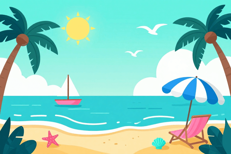 清新配色素材：清新扁平夏日海滩青绿渐变插画