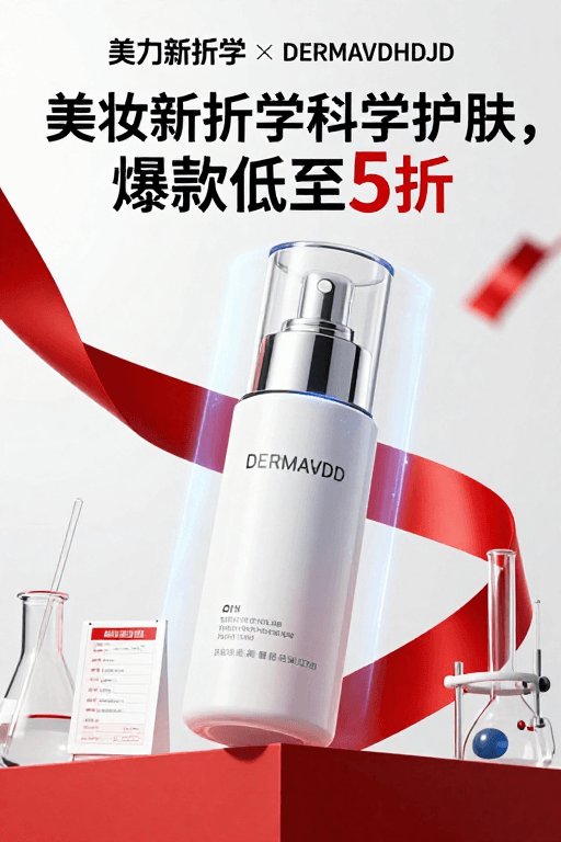 全息投影素材：美力新折学×DERMA年中大促海报，科技风凸显专业护肤