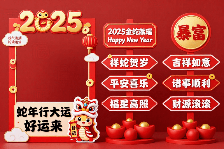红色主题素材：2025金蛇献瑞 新年好运海报