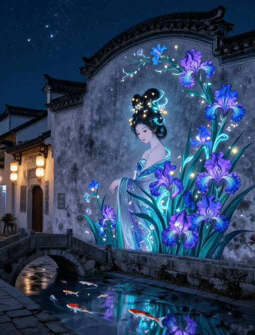 花神主题素材：靛紫星辉下的徽州花神幻境