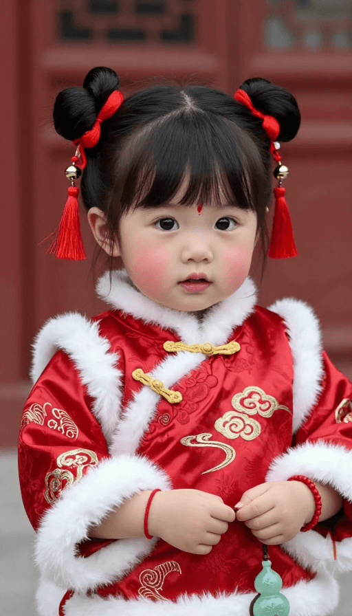 中国传统风素材：中国风萌娃：红锦缎衣饰与吉祥元素融合