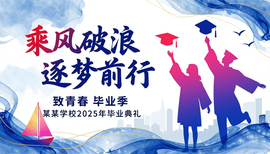 青春活力素材：水墨渐变毕业季海报，乘风破浪逐梦青春